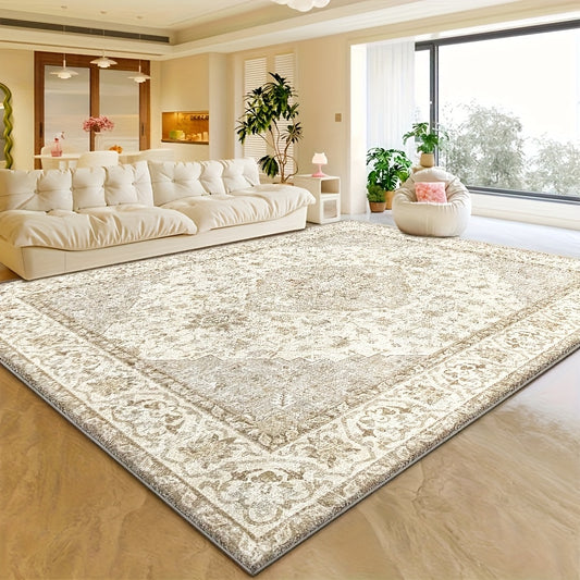 Plush Velvet Floral & Geometric Area Mat - 850 GSM Non-Slip Backing, Machine Washable Polyester Blend - Soft Beige & Cream Design for Living Room, Bedroom, Office - Lightweight Decorative Floor Mat for Game Rooms & Home Decor