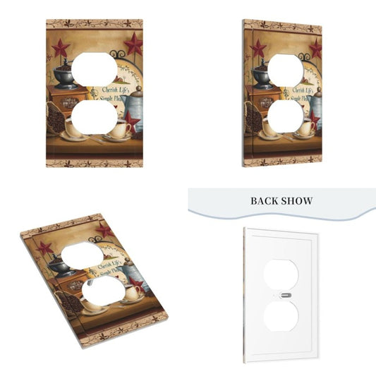1-Gang Vintage Coffee-Themed Hand-Painted Light Switch Plate Cover - Farmhouse Rustic Outlet Cover with Coffee Beans, Grinder & Cups, Coffee Bar Wall Plate, Coffee Station - Electrical Faceplate for Decor (No)