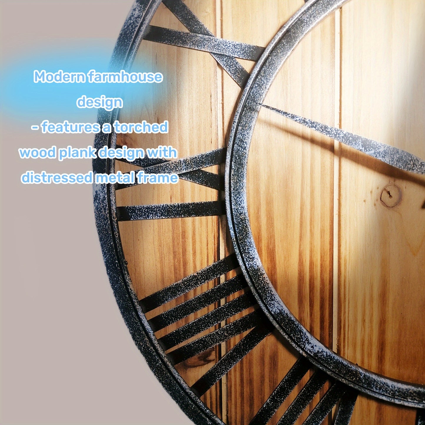 24 Inch Large Modern Farmhouse Wall Clock Rustic Wood with Metal Roman Numerals, Oversized Home Wall Hanging Decorative Clock for Office Kitchen Bedroom Living Room, Silent Battery Operated