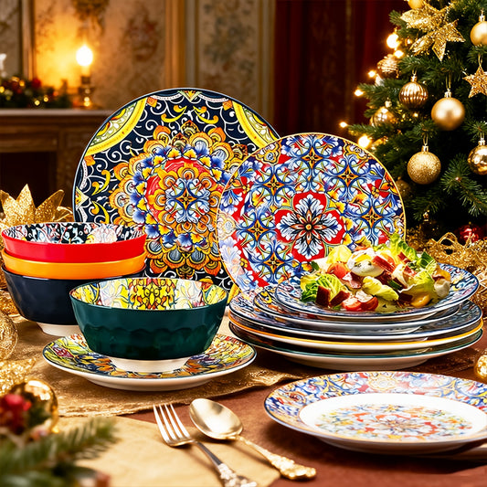 6/16/24/32pcs Bohemian Ceramic Dinnerware Set., Reinforced Porcelain Bowls And Plates. Dishwasher & Microwave & Oven Safe. for Steak, Dessert, Soup, Pasta. Kitchen, Restaurant, Family Serving/ Christmas And Thanksgiving Gifts