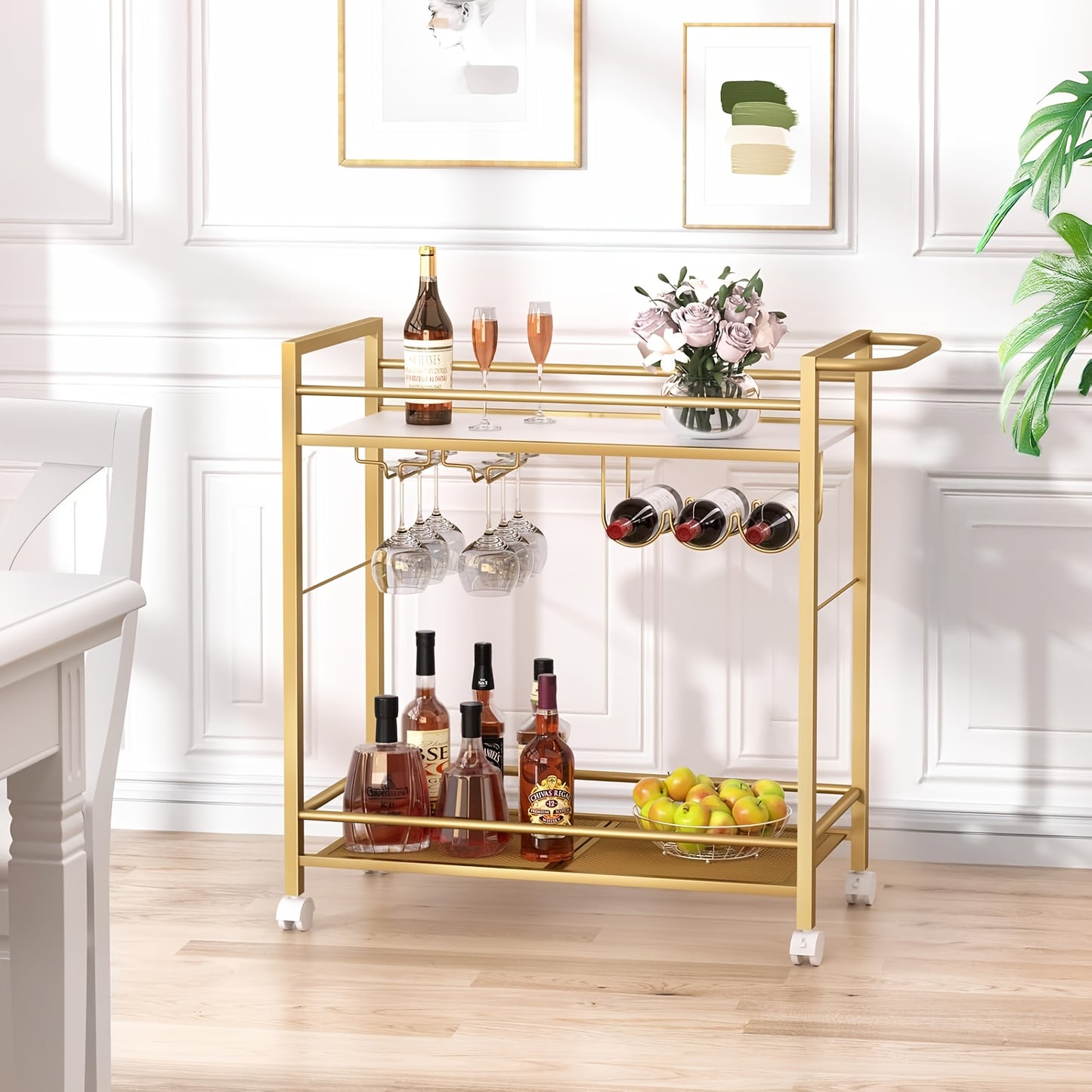 Modern Push Cart with Storage Shelves, Two-Tier Rolling Serving Cart with Wheels, Wine Rack and Glass Holders for Kitchen, Living Room, Dining Room, Lab Use - Golden, Bar Serving Station|Stylish Shelving Unit|Metal Frame Cart