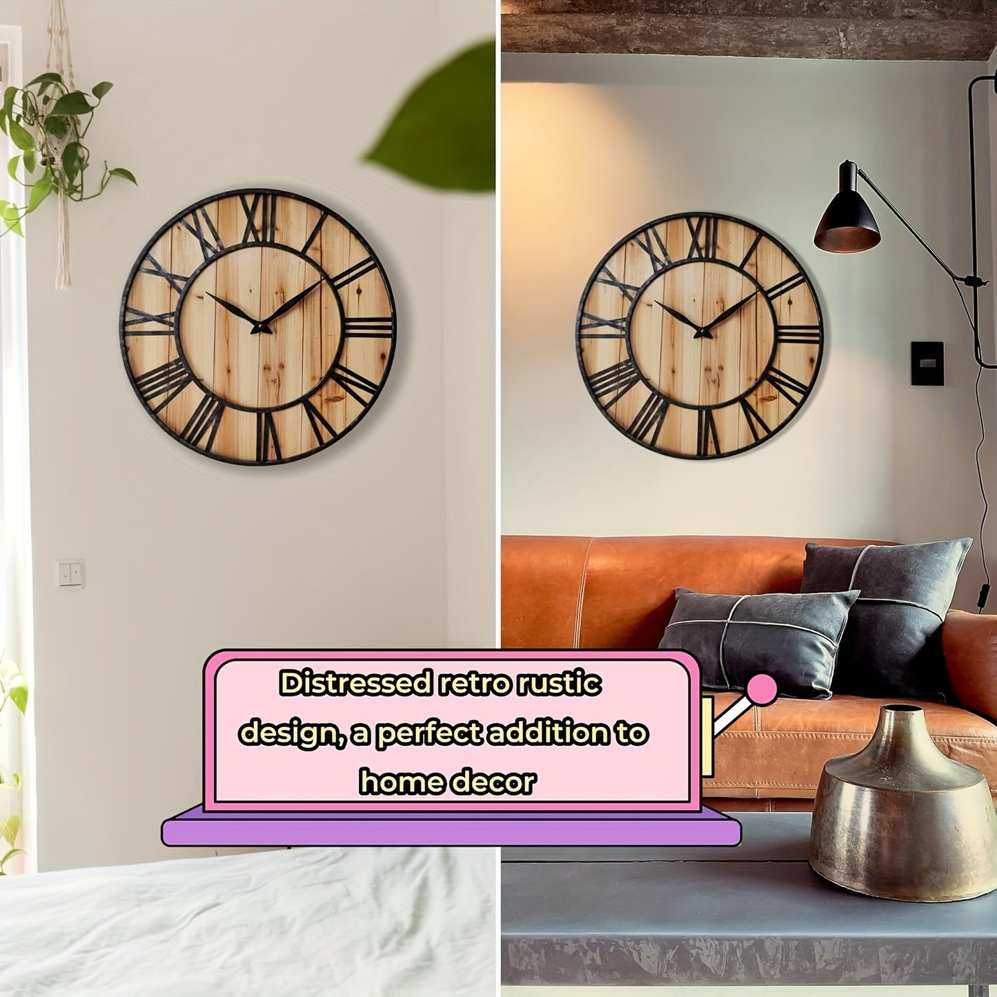 24 Inch Large Modern Farmhouse Wall Clock Rustic Wood with Metal Roman Numerals, Oversized Home Wall Hanging Decorative Clock for Office Kitchen Bedroom Living Room, Silent Battery Operated