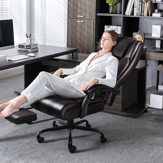 Ergonomic Heavy Duty Office Chair with Footrest - 400 lbs Capacity High Back Reclining Computer Gaming Chair, Adjustable Height, Lumbar Support & Flip-Up Armrests, Headrest & 5-Wheel Base (Grey/Brown/Black) for Home & Office