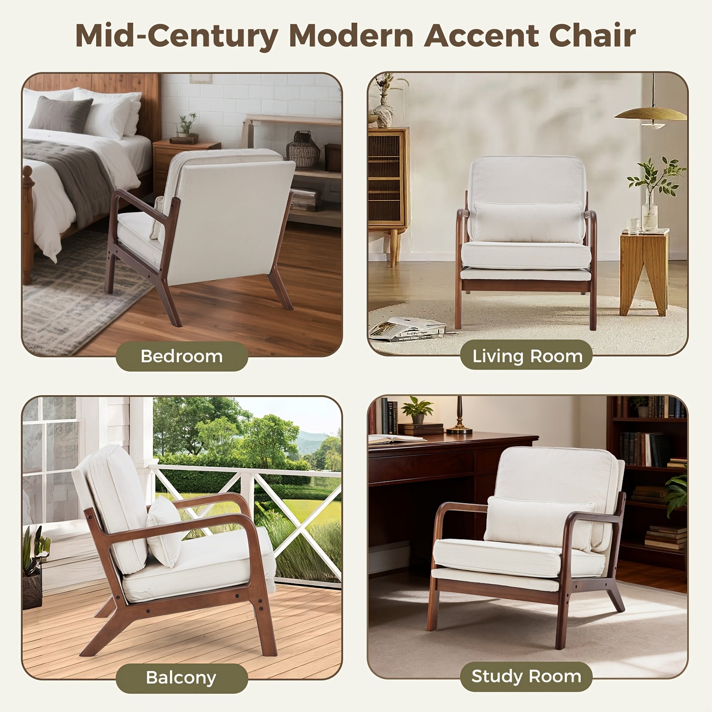 Mid Century Modern Accent Chair with Arms - Heavy-Duty 300 Weight Capacity Ergonomic Lounge Chair, Solid Wood Frame & Green Upholstery-like Foam Cushion (No Fabric for legs) Living Room, Bedroom, Office