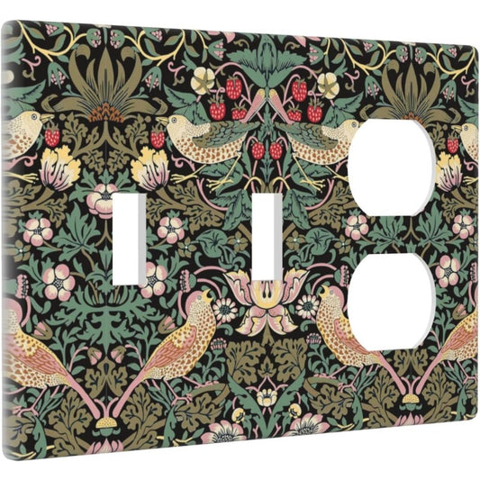 Vintage Green/Yellow Bird Strawberry Plant Leaf Floral 3-Gang 2-Toggle 1-Duplex Device Combination Wall Plate | Decorative Combo Double Toggle/Single Duplex Receptacle Outlet Light Switch Cover Plate, Stainless Steel Material