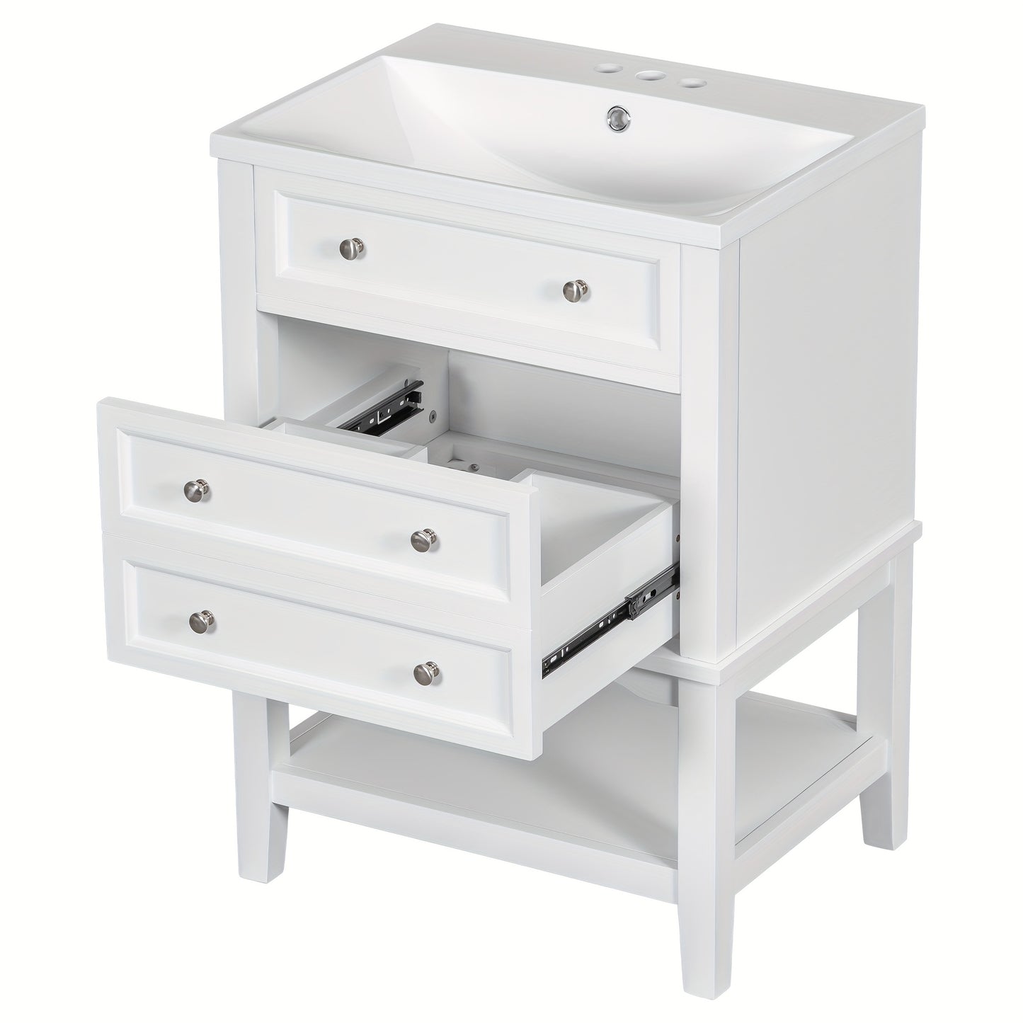 24 Inch Bathroom Vanity with Sink, Solid Wood Frame Storage Cabinet, Freestanding, White