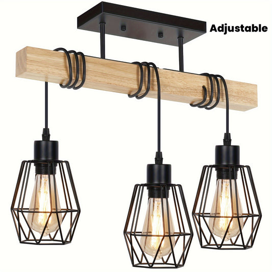 1pc Vintage 3-Lights Wooden Ceiling Light Fixture Adjustable Hanging Pendant Light with Black Metal Lampshades for Kitchen Bedroom Living Room Hallway Entryway