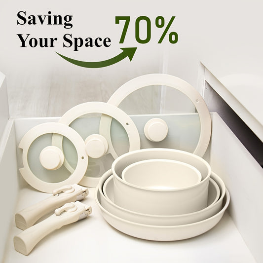 17pcs Versatile Cooking Set: Features a Ceramic Non-Stick Surface, Reduces Storage Needs by 70%, Detachable Handles Suitable for Dishwasher (Handles Excluded), Effortlessly Allows Frying, Stir-Frying, Stewing & Boiling, to Cl