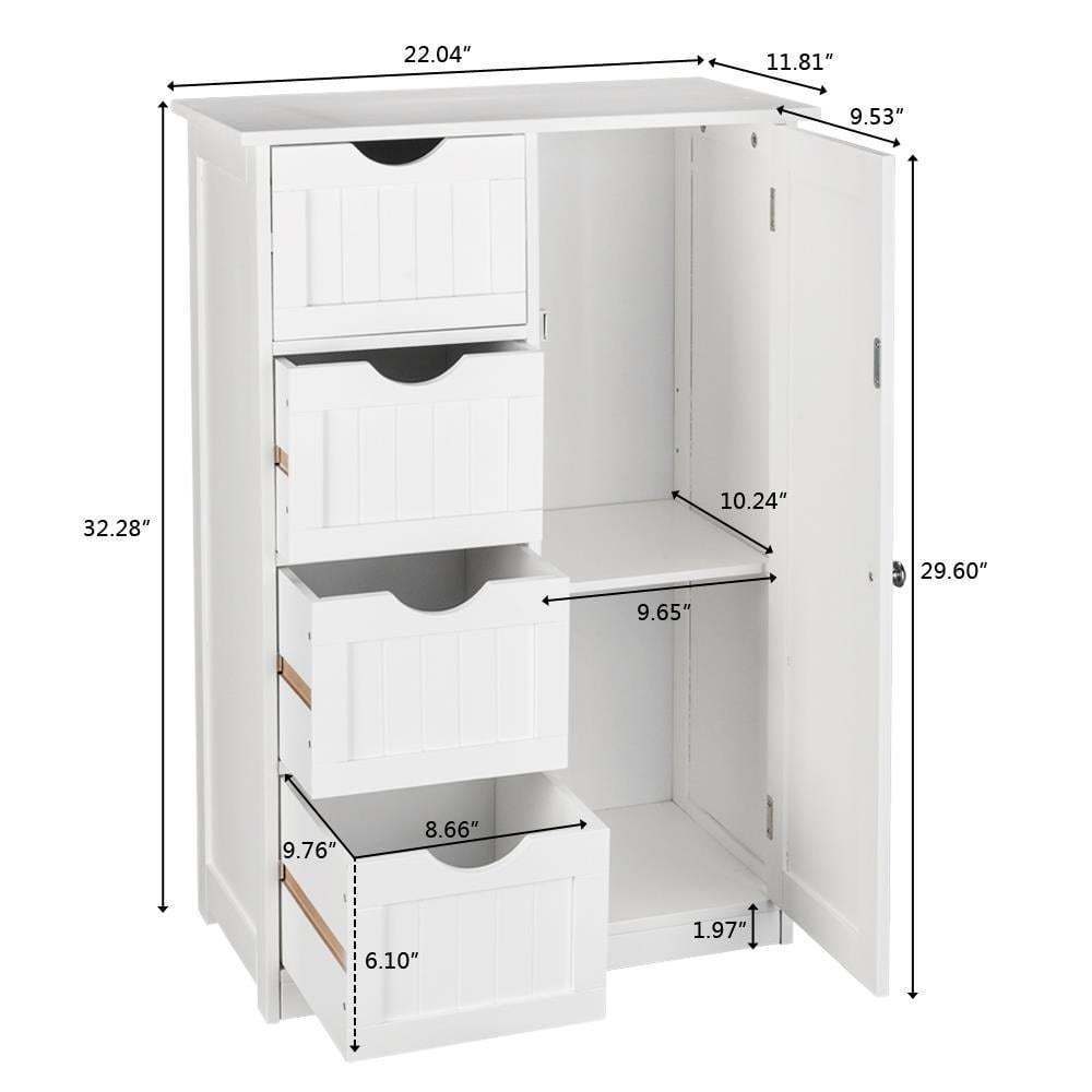 Modern White Metal Bathroom Floor Cabinet with 4-Drawer Storage & Door Cupboard - Space-Saving Vertical Organizer, Moisture-Resistant Design, Golden-Toned Hardware, Compact Modern Bathroom Storage Cabinet for Small Bathrooms,