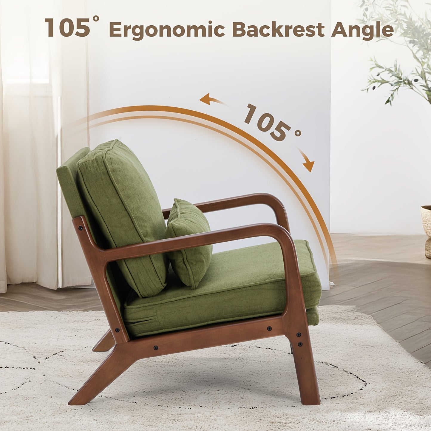 Mid Century Modern Accent Chair with Arms - Heavy-Duty 300 Weight Capacity Ergonomic Lounge Chair, Solid Wood Frame & Green Upholstery-like Foam Cushion (No Fabric for legs) Living Room, Bedroom, Office