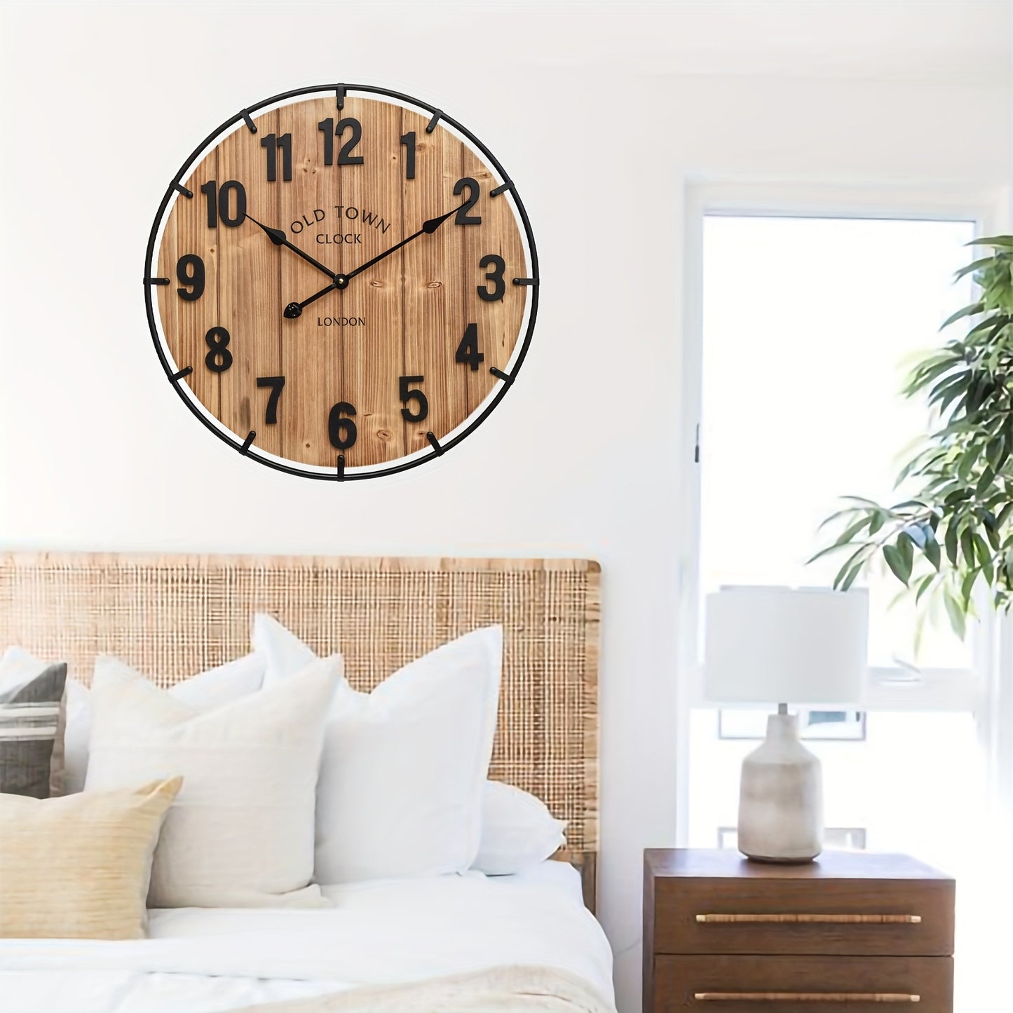 1pc Large 24 Inch Rustic Antique Wood Wall Clock with Metal Circle & Large Numerals - Silent Battery Operated, Farmhouse Decor for Living Room, Kitchen, Bedroom, Office, Clock for Living Room, Bedroom Timepiece, Old Town Desi
