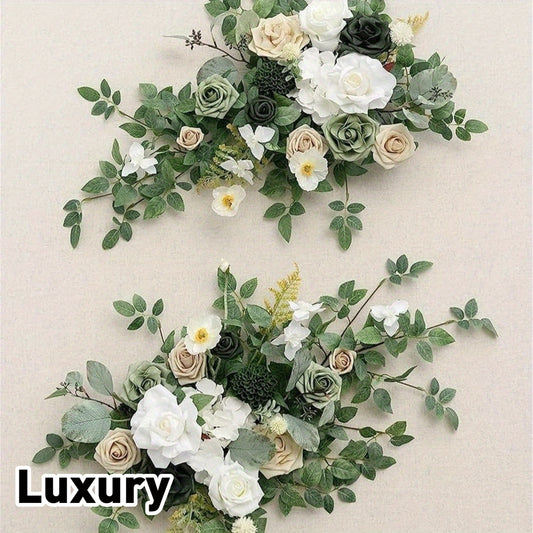2pcs Elegant Artificial Flower Garland Garland Swags with Emerald Green Foliage & Beige/ Flowers - Luxury Wedding Arch, Sweetheart Table, Window, Garden Decor - Lush Greenery Centerpieces with White, Green  Beige Tones - Dura