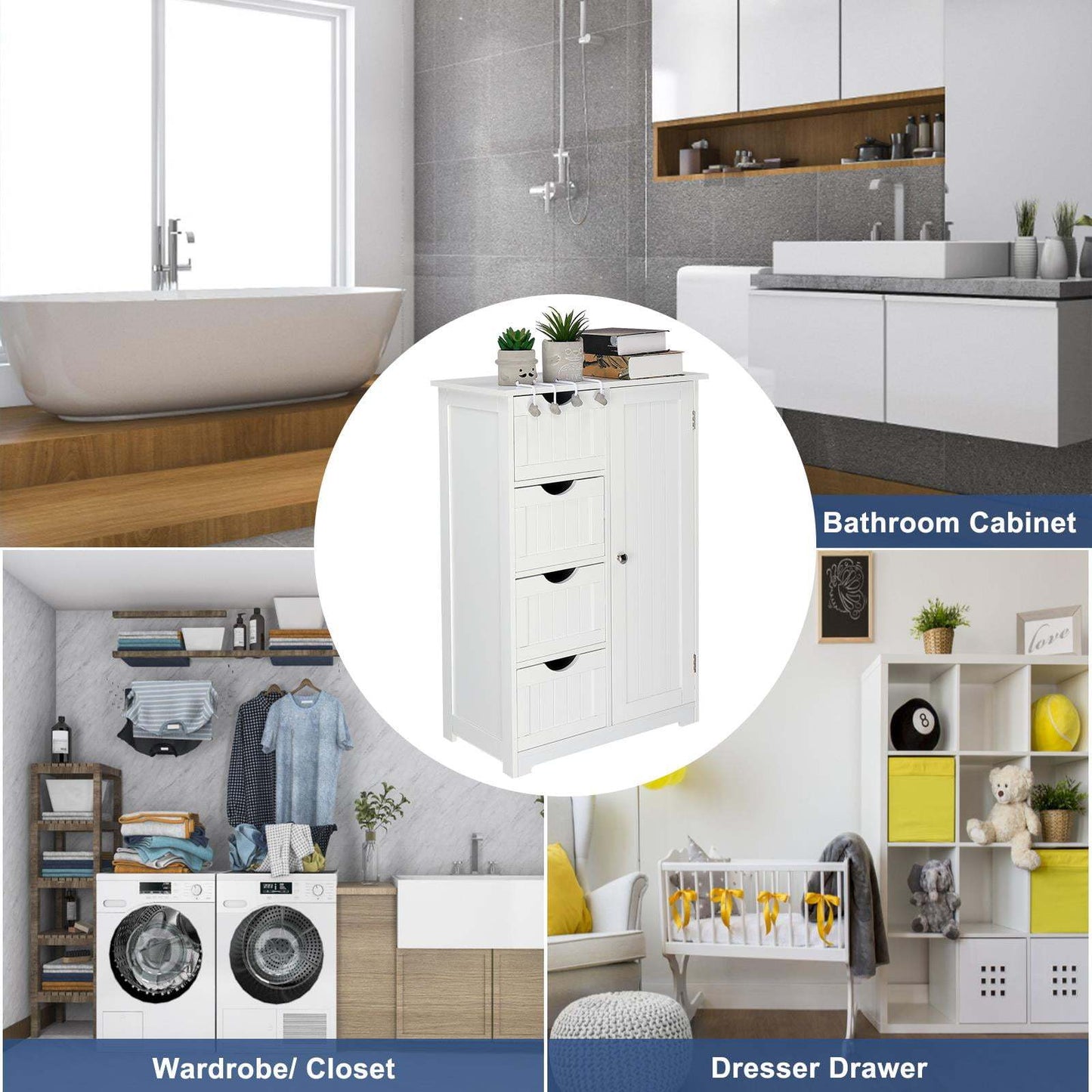 Modern White Metal Bathroom Floor Cabinet with 4-Drawer Storage & Door Cupboard - Space-Saving Vertical Organizer, Moisture-Resistant Design, Golden-Toned Hardware, Compact Modern Bathroom Storage Cabinet for Small Bathrooms,
