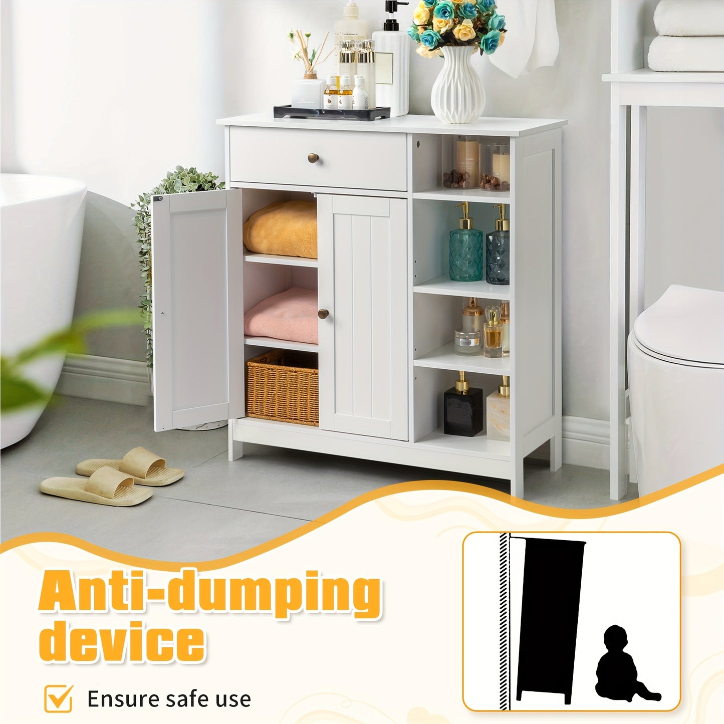Double-Door Bathroom Cabinet with 2, Adjustable Panels, 1 Drawer and 3 Side Shelves, White
