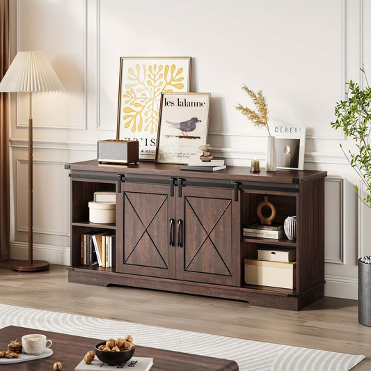 Farmhouse TV Stand And Entertainment Center for TV Up to 65 Inches with Sliding Barn Doors And Adjustable Shelf, Tv Media Console Table with Storage Cabinet for Living Room, Bedroom, Brown