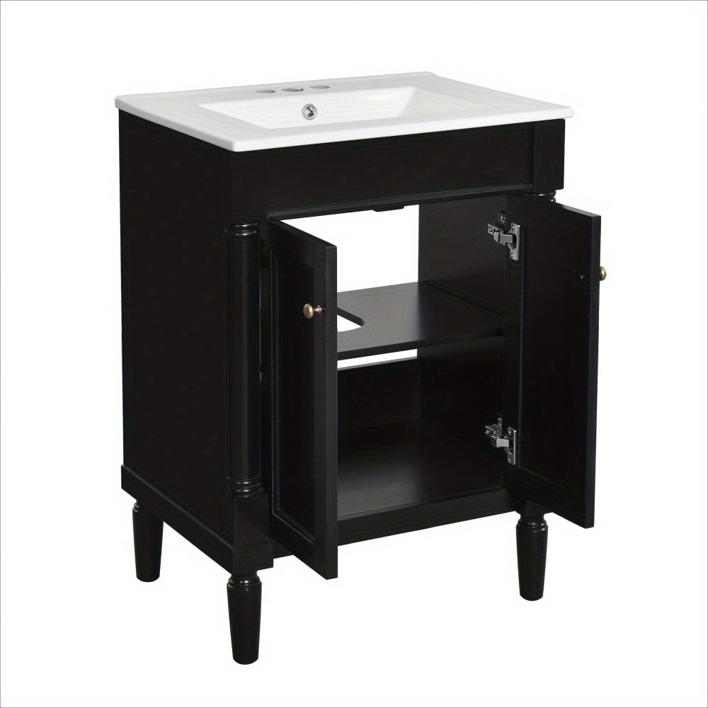 24" Black Bathroom Vanity with Top Sink, 2-Tier Modern Storage Cabinet, Hardwood Construction, Large Shelves for Bathroom Organization, Golden Accents, Durable MDF & Solid Wood Frame, Bathroom Decor And Accessories