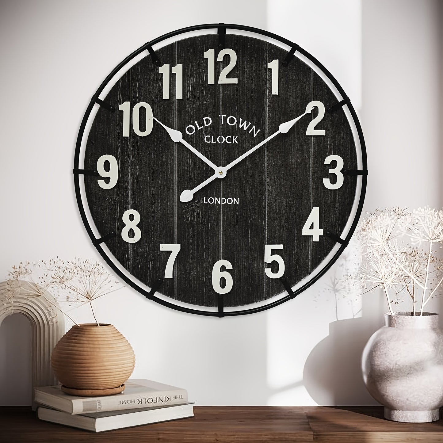 Large Farmhouse Wall Clock – 24 Inches Old Town Rustic Antique Wood With Metal Circle And Large Numerals, Silent Battery Operated Clock For Office, Kitchen, Bedroom, Living Room
