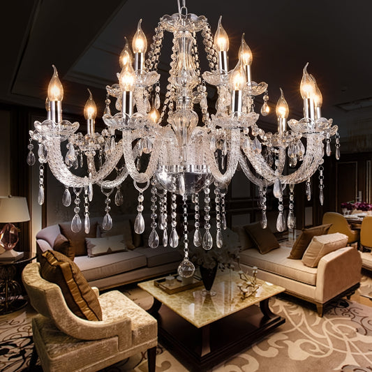Modern Elegance 15-Light K9 Crystal Glass Chandelier with Premium Materials, Transparent for Dining Room, Living Room, Bedroom, Requires 15 E12 Bulbs, European Style, Height 31.6 Inches, Width 25.6 Inches, Close to Ceiling De