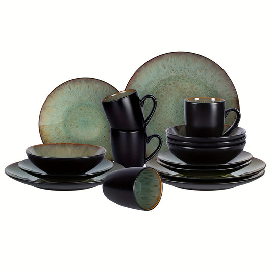 16pcs Porcelain Dinnerware Set with Reactive Glaze - Plates & Bowls Sets, 4 Deep Plates, Bowls, Mugs, Microwave & Dishwasher Safe, Stackable Art Tableware for Family- Java Green