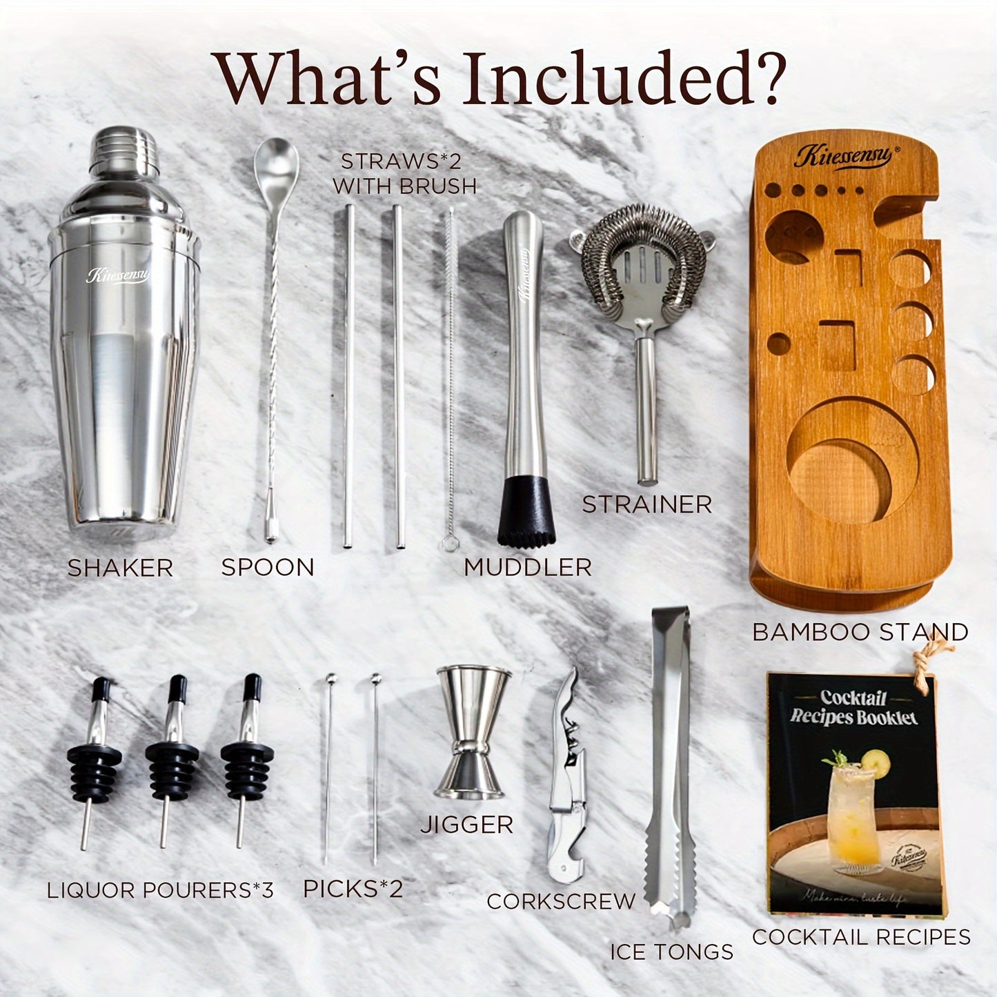 Cocktail Shaker Set Bartender Kit with Stand | Bar Set Drink Mixer Set with All Essential Accessory Tools: Martini Shaker, Jigger, Strainer, Mixer Spoon, Muddler, Liquor Pourers |Silvery