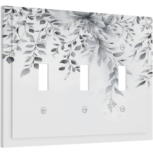 3-Gang Triple Toggle Light Switch Plate Cover - Gray-White Eucalyptus Leaf & Vintage Botanical Decor, Decorative Electrical Faceplate with Matching Screws, Shatter-Resistant for 3-Switch Outlet (Bathroom, Bedroom) - Easy Inst