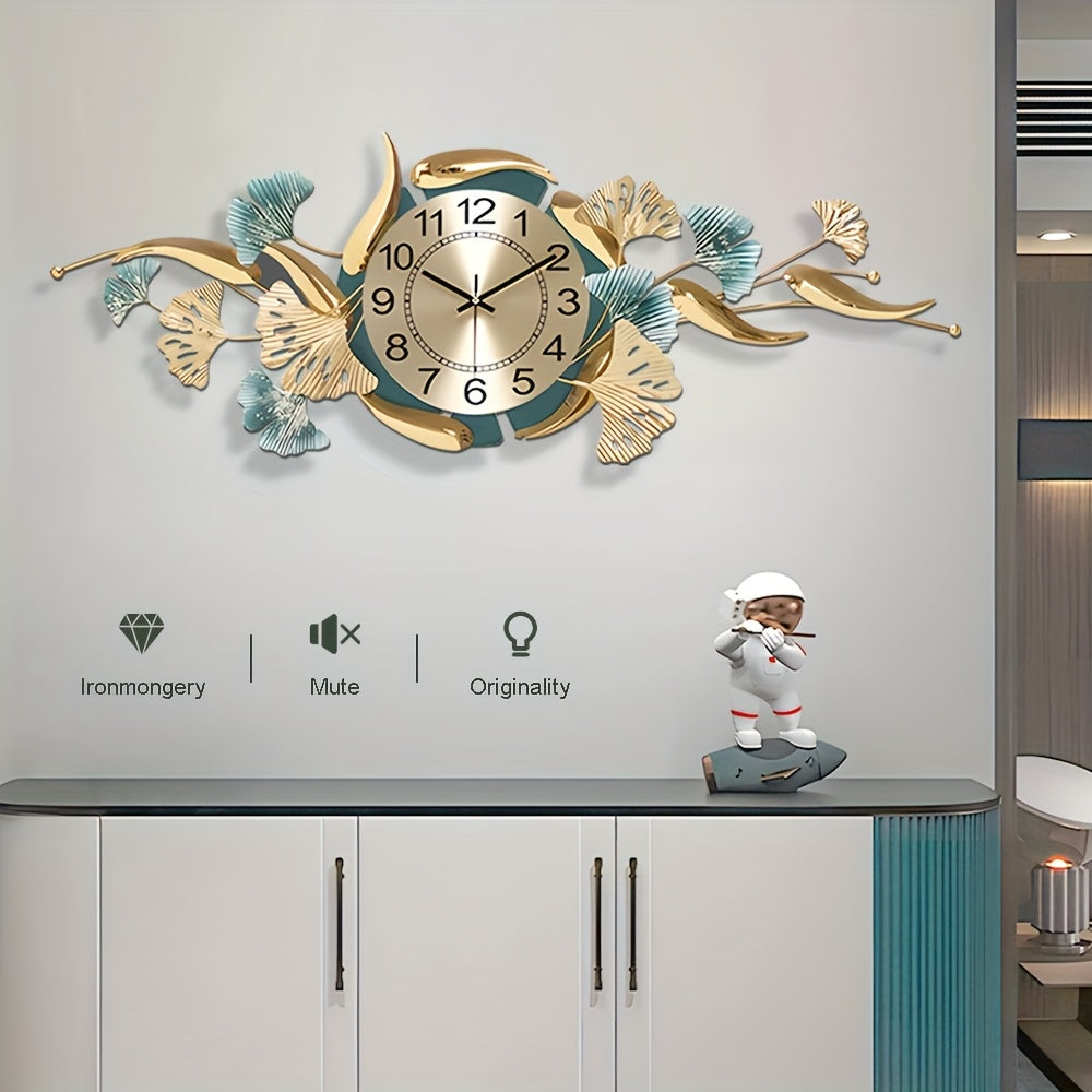[Luxury Ginkgo Leaf Clock] Luxury Silent Non-Ticking Ginkgo Leaf Metal Wall Clock | 35x13 Inch, Perfect for Living Room, Bedroom, Office Decor