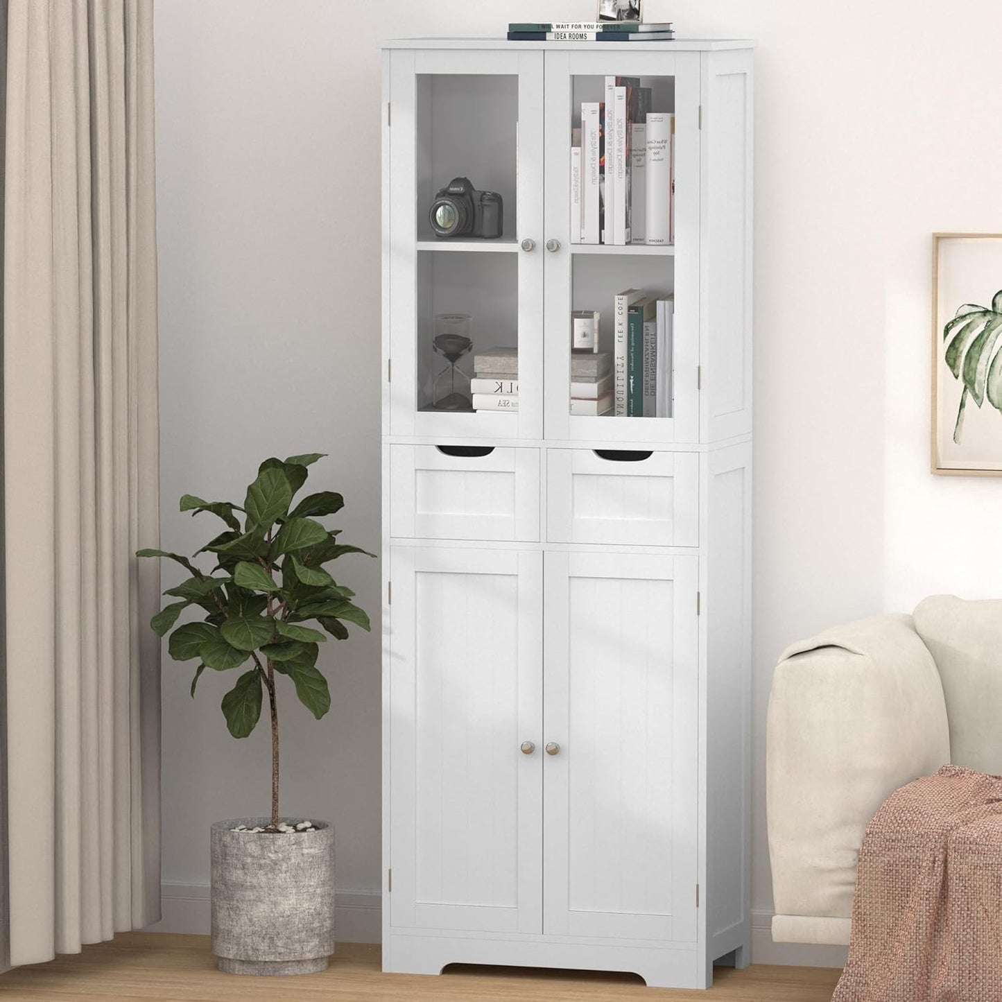 [Freestanding Bathroom Cabinet] 67" Tall Freestanding Bathroom Storage Cabinet with Glass Doors and Shelves | Large Linen Pantry Cabinet with 2 Drawers for Living Room, Kitchen, Dining Room, Office
