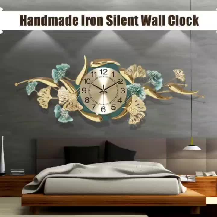 [Luxury Ginkgo Leaf Clock] Luxury Silent Non-Ticking Ginkgo Leaf Metal Wall Clock | 35x13 Inch, Perfect for Living Room, Bedroom, Office Decor