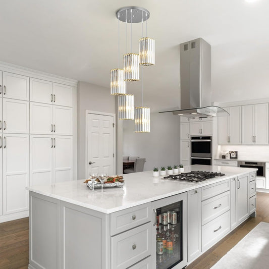 5-Light Modern Rectangular Crystal Pendant Light Fixture - Adjustable Semi-Flush Mount Golden Metal Chandelier with Crystal Accents, E26 Bulb Base for Kitchen Island, Dining Room, Living Room, Bedroom, Chandelier for Living R