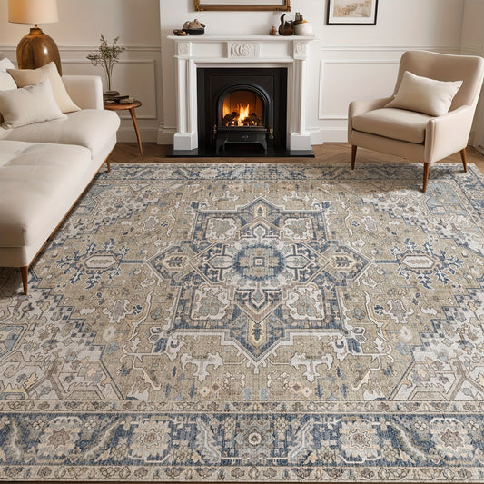 1Pc Oriental Washable Area Rug, Blue Low Pile, Non-Slip, Non-Shedding, Soft Vintage Farmhouse Carpet For Living Room Bedroom Dining Room - Easy-to-Clean