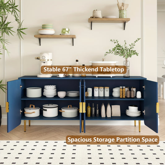 Contemporary Television Stand Suitable for 70 to 80-Inch Screens, Featuring a 66-Inch Sideboard Buffet Storage Unit with Four Doors And Adjustable Shelves. This Wooden TV Console Table Offers Ample Storage And Serves Multiple