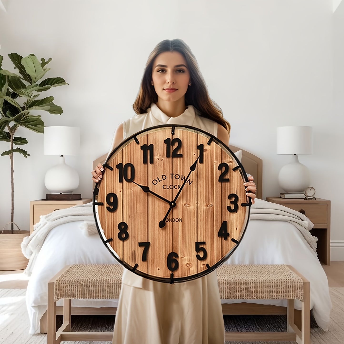 1pc Large 24 Inch Rustic Antique Wood Wall Clock with Metal Circle & Large Numerals - Silent Battery Operated, Farmhouse Decor for Living Room, Kitchen, Bedroom, Office, Clock for Living Room, Bedroom Timepiece, Old Town Desi