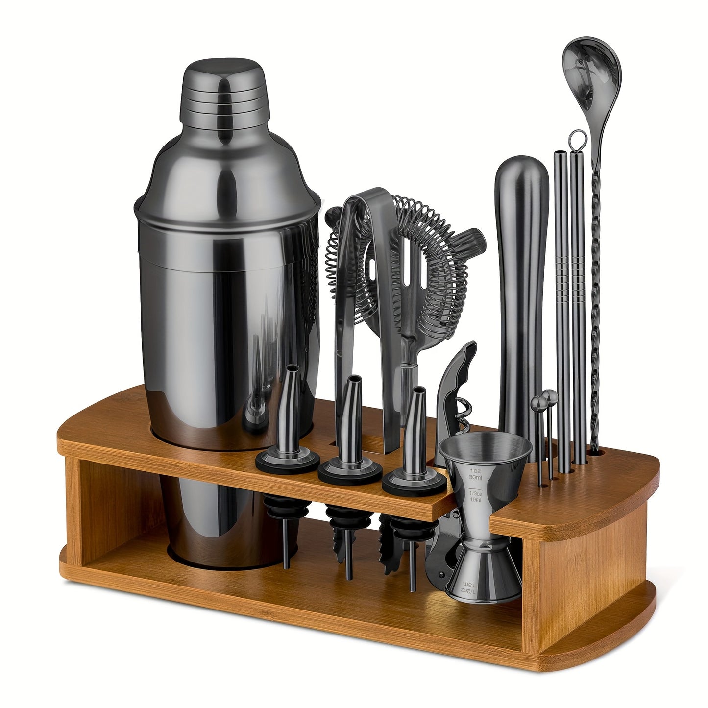 Cocktail Shaker Set Bartender Kit with Stand | Bar Set Drink Mixer Set with All Essential Accessory Tools: Martini Shaker, Jigger, Strainer, Mixer Spoon, Muddler, Liquor Pourers |Silvery