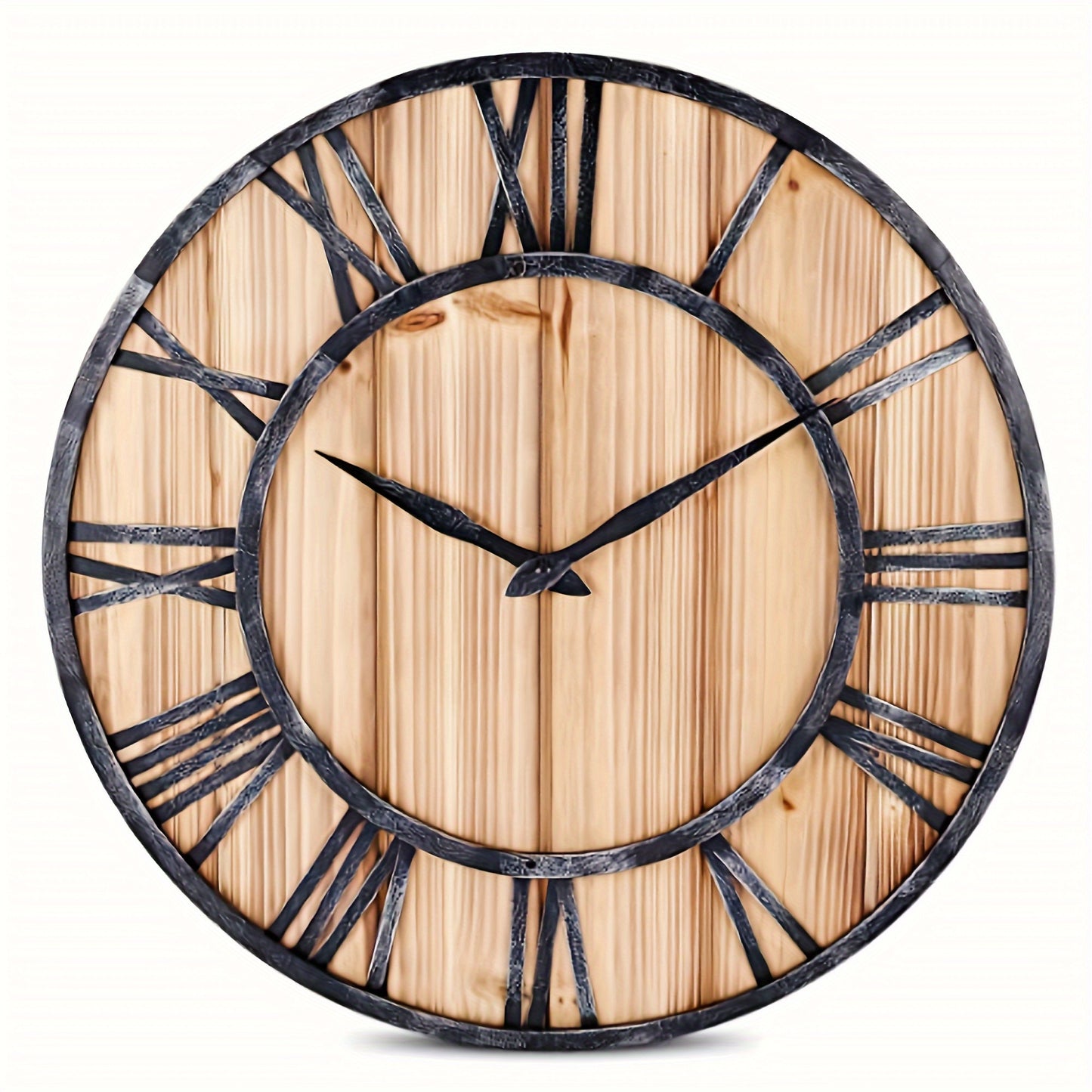 24 Inch Large Modern Farmhouse Wall Clock Rustic Wood with Metal Roman Numerals, Oversized Home Wall Hanging Decorative Clock for Office Kitchen Bedroom Living Room, Silent Battery Operated