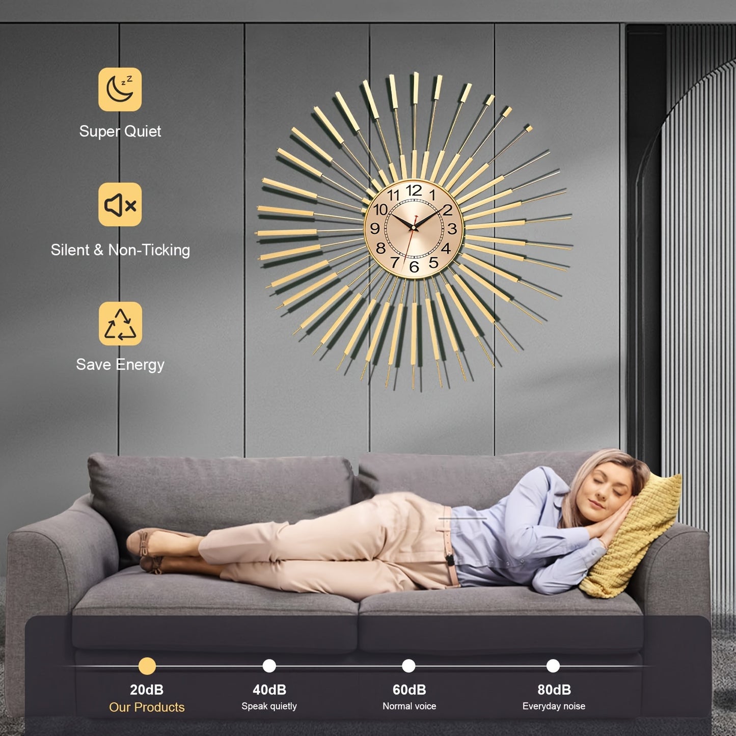 24 Inch Large Starburst Decorative Wall Clock for Living Room Non-Ticking Golden Big Modern Metal Round Wall Clocks for Kitchen, Dining Room, Office, Kitchen Clock, Contemporary Clock, Stylish Timepiece, Silent Movement, Sile