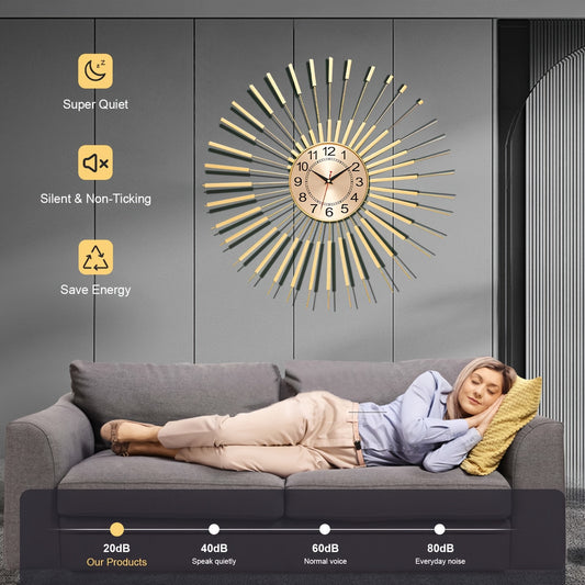 24 Inch Large Starburst Decorative Wall Clock for Living Room Non-Ticking Golden Big Modern Metal Round Wall Clocks for Kitchen, Dining Room, Office, Kitchen Clock, Contemporary Clock, Stylish Timepiece, Silent Movement, Sile