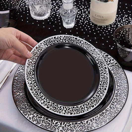 210pcs of Black And Silver Dining Set - Suitable for 30 People - Black Plastic Plates Featuring Silver Rims And a Cut-Out Design - Includes 30 Dinner Plates, 30 Dessert Plates, 30 Sets of Pre-Packaged Cutlery, And 30 Cups - I