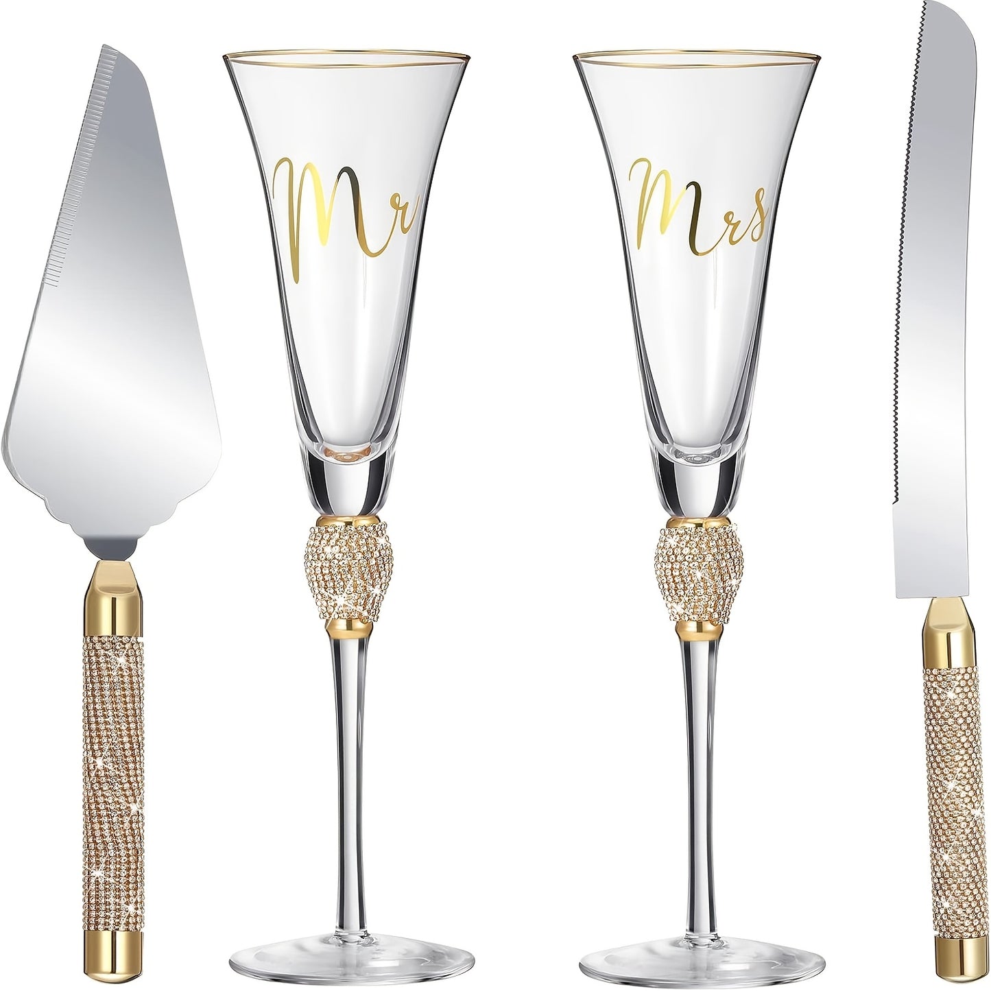 4pcs Wedding Toasting Flutes And Cake Server Set Wedding Reception Supplies Champagne Glasses Cake Knife Pie Server