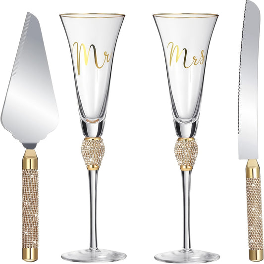 4pcs Wedding Toasting Flutes And Cake Server Set Wedding Reception Supplies Champagne Glasses Cake Knife Pie Server