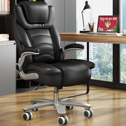 Black Executive Office Chair Flip-up Arms, Big and Tall Office Chairs 400lbs Wide Seat, High Back Leather Office Chairs Lumbar Support, Adjustable Heavy Duty Computer Desk Chairs with Wheels