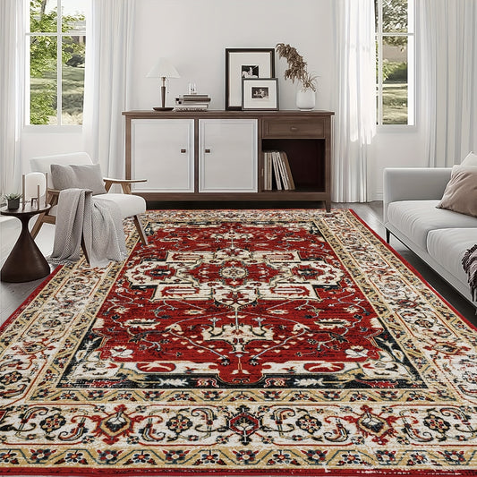 1pc Bohemian Vintage Washable Area Mat - Non-Slip, Red Oriental Medallion Persian Design, 5x7/6x9/8x10 Sizes Available, Perfect for Bedroom, Living Room & Dining Room Decor, Machine Washable Polyester Mat with Intricate Flora