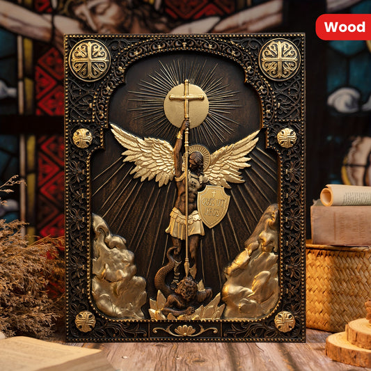 1pc Exquisite Archangel Michael Square Wood Carving Ornament - Premium European Beech, Intricately Detailed Guardian Angel Statue for Religious Home Church Wall Decor - Christian Artwork, Ideal Christmas Easter Holiday Decora