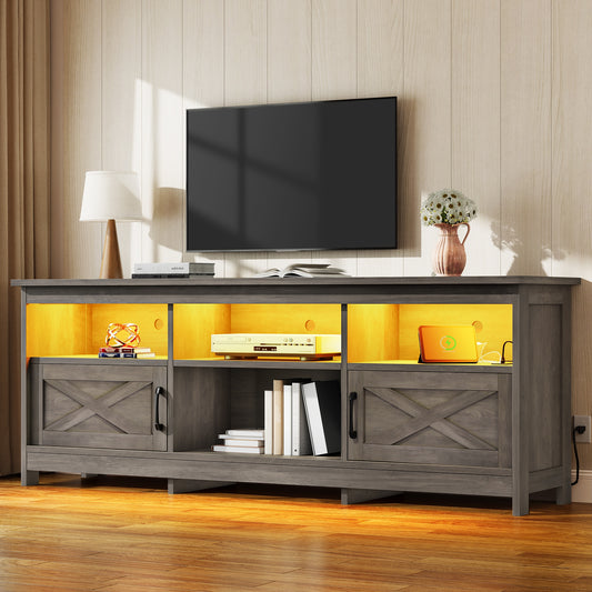 Farmhouse TV Stand for 80/75/70 Inch TVs | Closed Storage Cabinets & Open Adjustable Shelves, Modern Style Living Room Furniture, Space-Saving Design for Home Media Room Decor, Best Christmas Gift, Black/Washed Gray - YINTATE