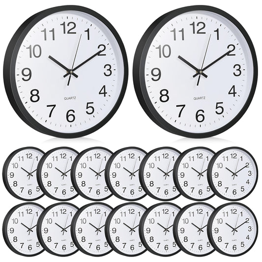 12pcs 10 Inch Round Silent Non-Ticking Wall Clocks - Battery Operated Quartz Modern Decorative Clocks with Easy-Read Black Numerals & White Face for Home, Bedroom, Kitchen, Office (Black Frame), Modern Wall Clocks for Home, B