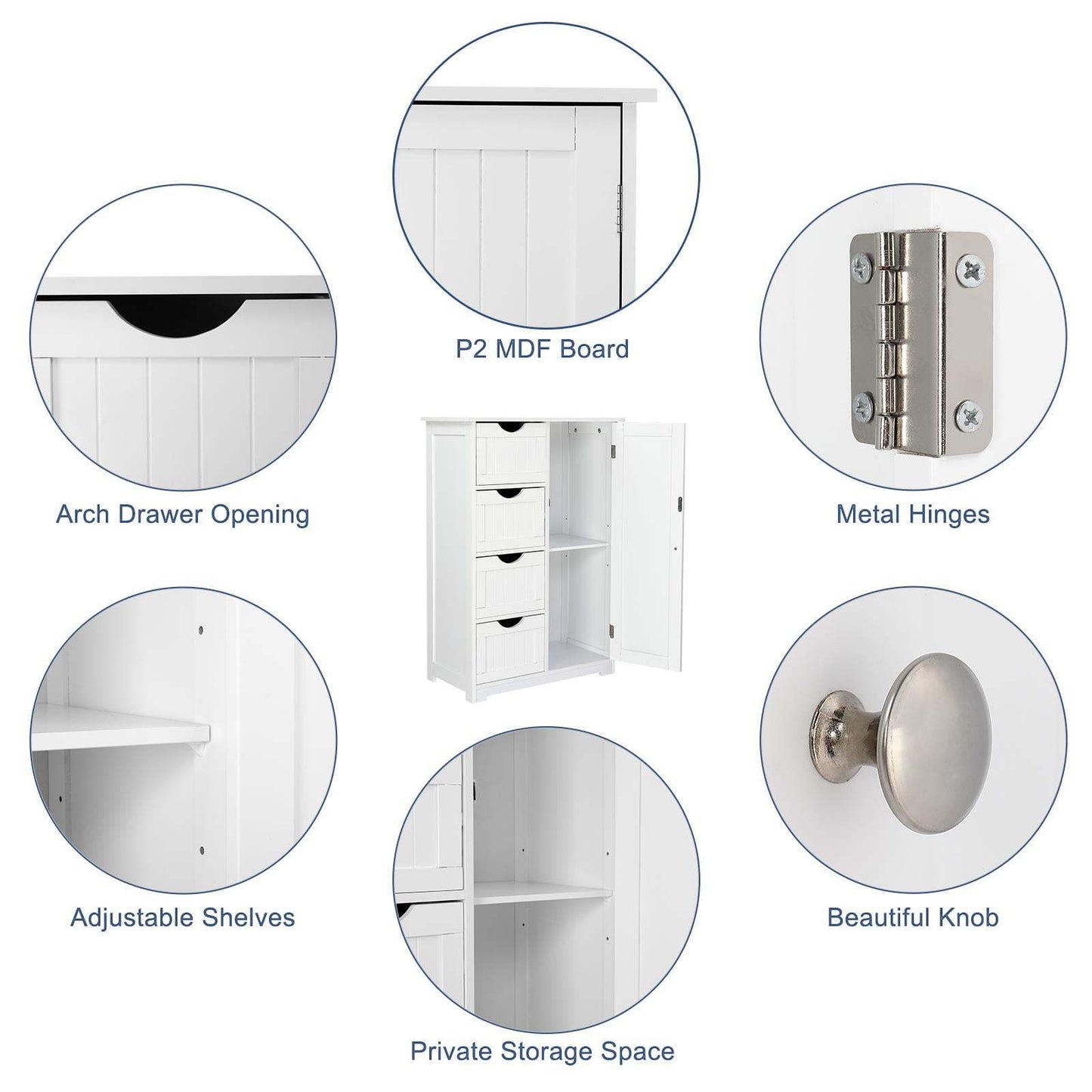 Modern White Metal Bathroom Floor Cabinet with 4-Drawer Storage & Door Cupboard - Space-Saving Vertical Organizer, Moisture-Resistant Design, Golden-Toned Hardware, Compact Modern Bathroom Storage Cabinet for Small Bathrooms,