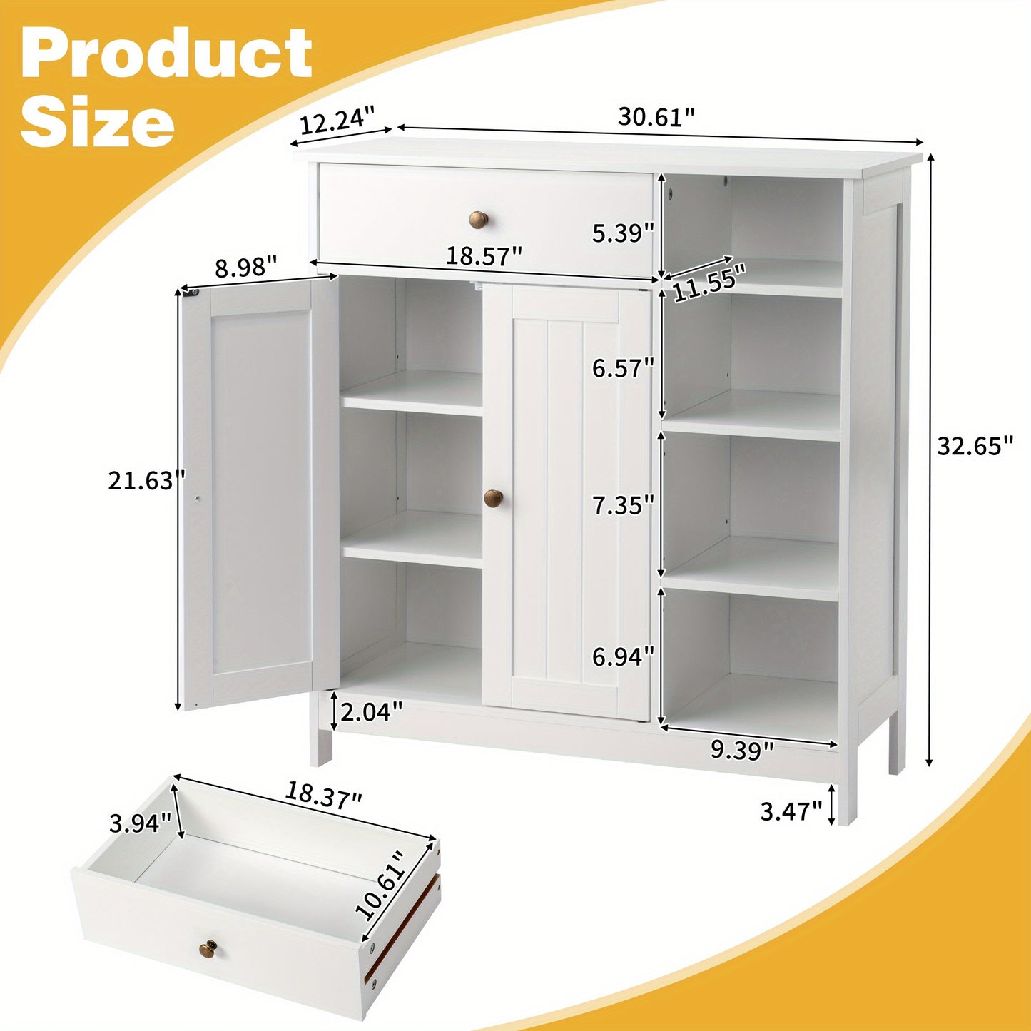 Double-Door Bathroom Cabinet with 2, Adjustable Panels, 1 Drawer and 3 Side Shelves, White