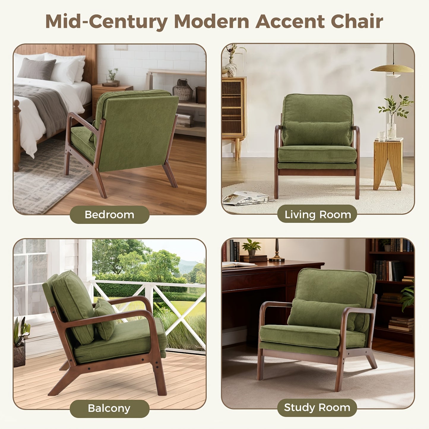 Mid Century Modern Accent Chair with Arms - Heavy-Duty 300 Weight Capacity Ergonomic Lounge Chair, Solid Wood Frame & Green Upholstery-like Foam Cushion (No Fabric for legs) Living Room, Bedroom, Office