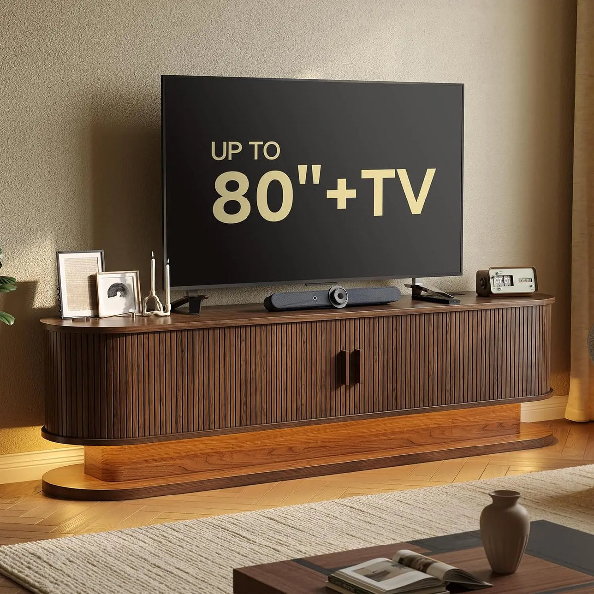 70" Modern TV Stand for TVs up to 80" with LED Light Strip & Power Outlet | Entertainment Center/Shelf, Durable Chipboard, Free Shipping