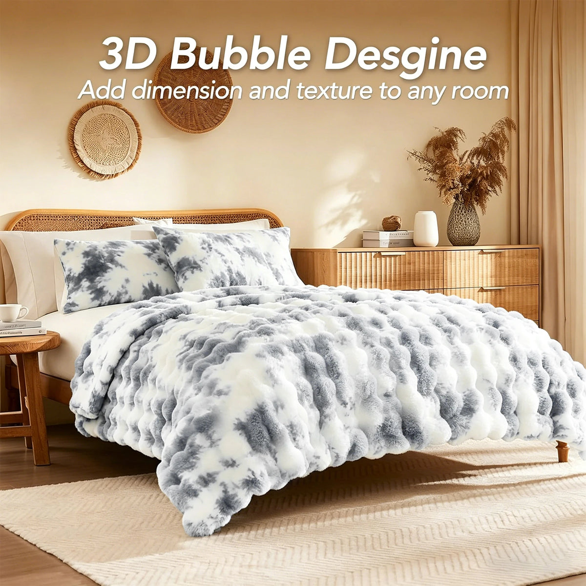 ROSEKIND 1pc Soft Weighted Faux Fur Rabbit Bubble Blanket, 1000GSM, 90*108 Inch, Warm & Thick for Bed, Sofa, Office, Dorm, Camping, Multifunctional & Durable Blanket as Perfect Gift, Available in 10 Color as Stylish Home Deco