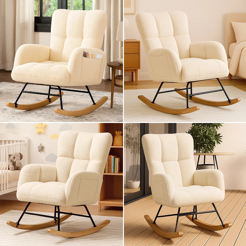 COMHOMA Nursery Rocking Chair, Teddy Glider with Side Pockets, High Back Chair for Adults, Bedroom & Living Room